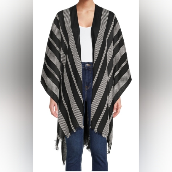 Time and Tru Kimonos & Yukatas New Time And Tru Womens Fringed Stripe Ruana Kimono Black One